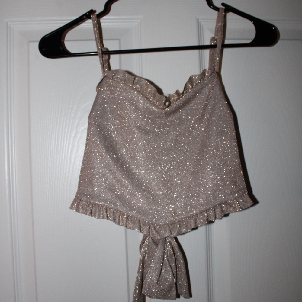 Altar'd State Glitter Ruffle Tie-Back Cami - Champagne Gold